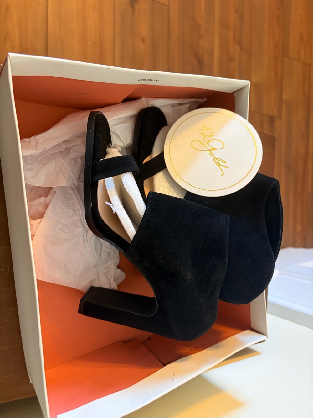 42 Gold Black Suede Block Heel Sandals by